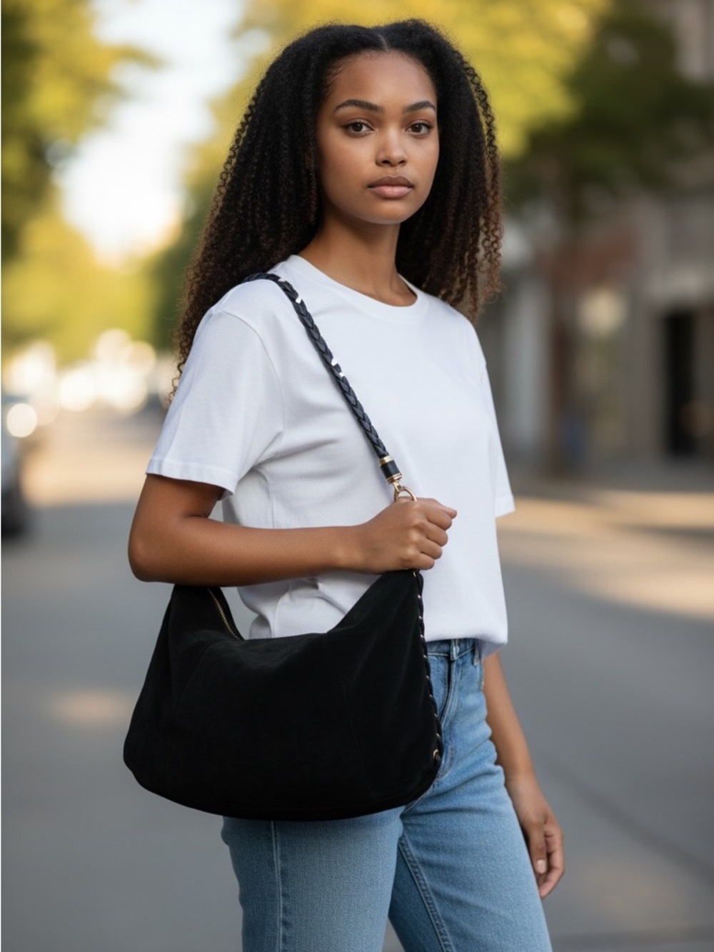 Tahari Black Suede & Braided Braided Leather Shoulder Bag